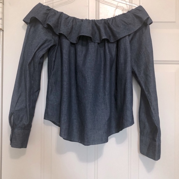 Active USA Denim Off Then Shoulder Ruffle Crop - Picture 2 of 12